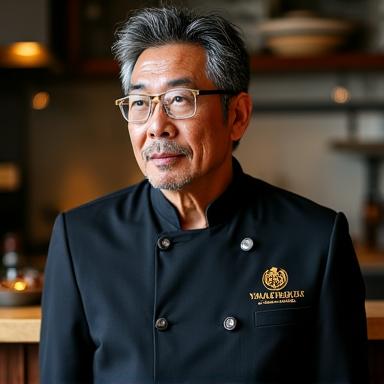 Yamata Burgerの総料理長、タカシ・ヤマタのポートレート。真剣な表情で料理と向き合う